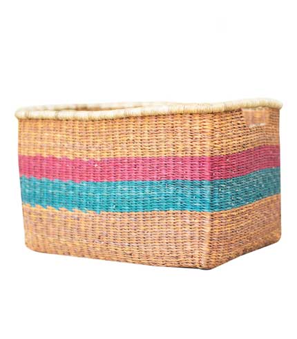 Pink and Blue Striped Straw Basket