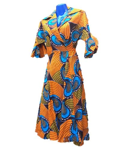 Orange & Blue African Print Dress - Vibrant Ghanaian Design, Quality Tailoring