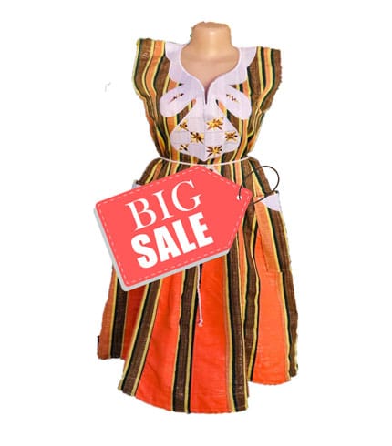 Orange & Green Fugu Dress - Traditional Handwoven Smock Dress, Cultural Elegance