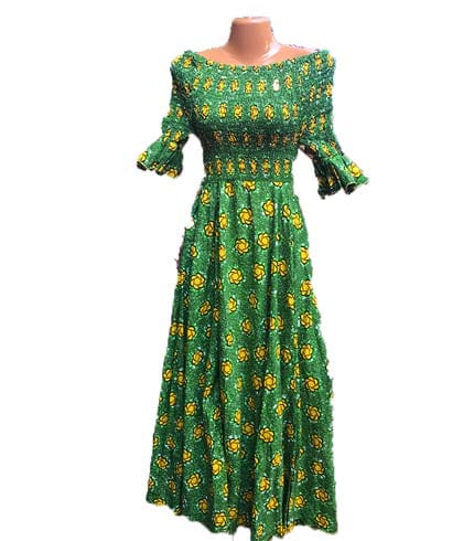 Green African Print Dress - Vibrant Ghanaian Attire, Skin-Friendly Fabric