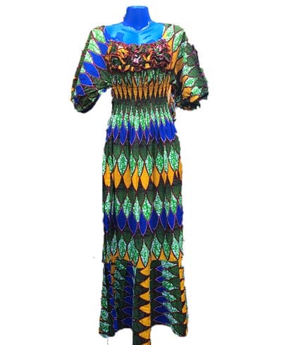 Green & Blue African Print Dress - Cool Tone Ghanaian Fashion, Tailored Fit