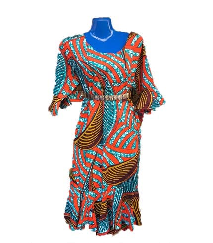 Orange & Sea Blue African Print Dress - Refreshing Ghanaian Style, Soft Fabric