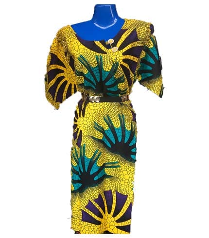 Yellow Design African Print Dress - Bright Patterned Ghanaian Gown, Joyful Style
