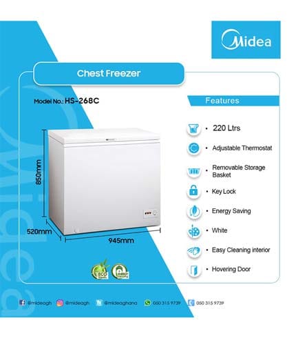 Midea 220L Chest Freezer - Modern Design, Adjustable Thermostat