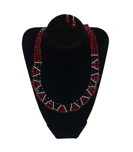 Red Design Beaded Necklace with Earrings - Patterned Cultural Set