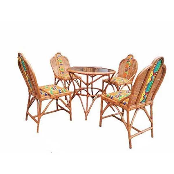 Cane Woven Dining Table Set - Natural Rattan with Glass Top
