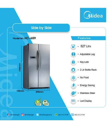 Midea 515L Side By Side Refrigerator - Modern Design, Adjustable Thermostat