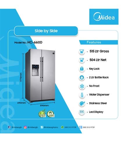 Midea 515L Side By Side Refrigerator With Dispenser - Modern, Adjustable Thermostat