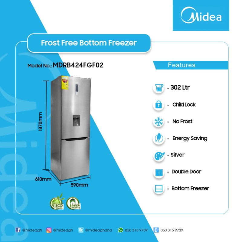 Midea 302L Double Door Bottom Freezer - 4-Star, No Frost, Silver