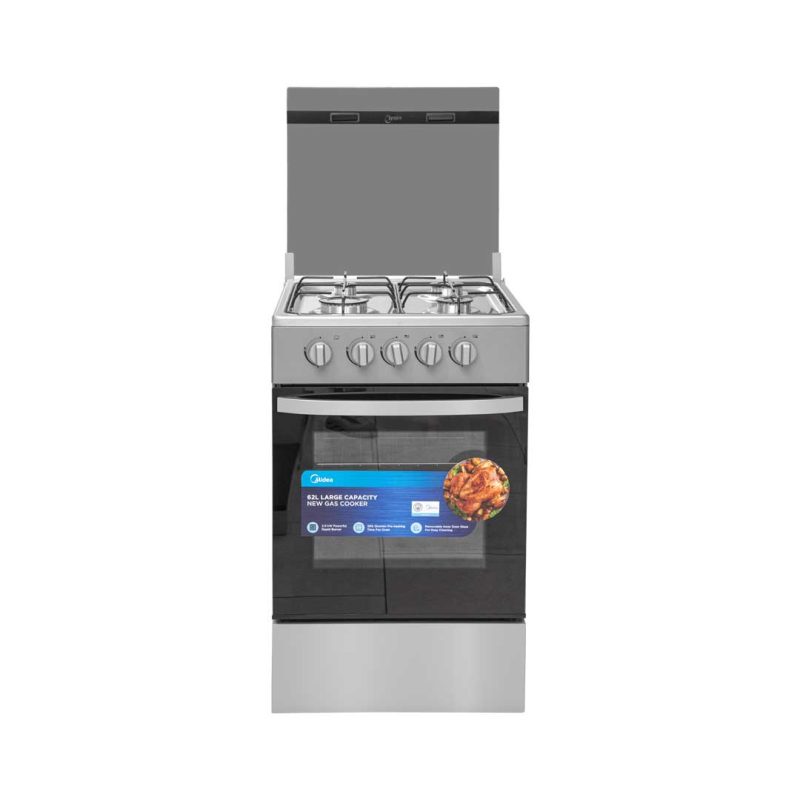 Midea 4-Burner Gas Cooker with Oven - Silver Mirror, INOX Nozzles