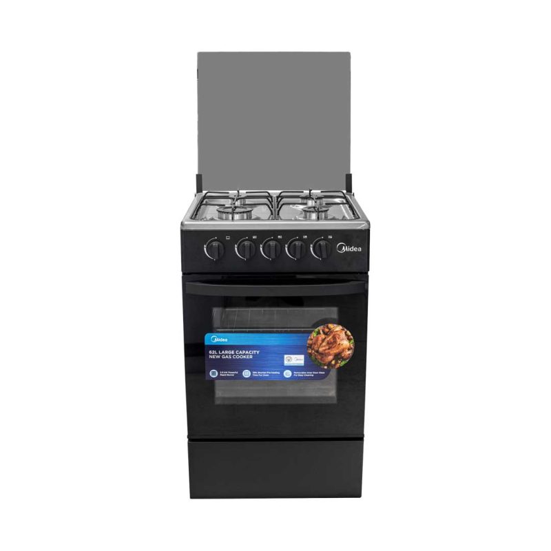 Midea 4-Burner Gas Cooker with Oven - Black Glass, INOX Nozzles