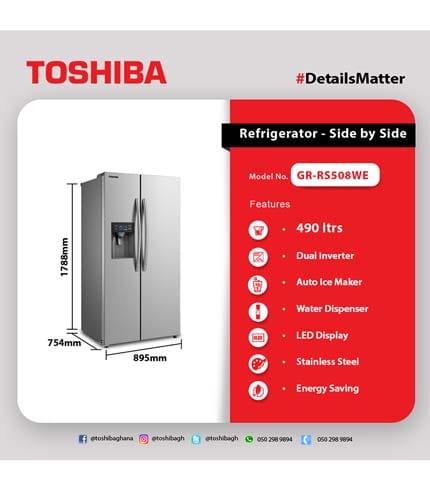 Toshiba 500L Side-by-Side Refrigerator - Spacious, Organized Cooling