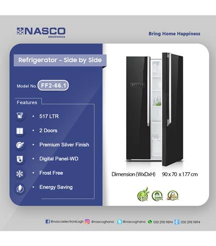 Nasco 600 Ltr Side By Side Refrigerator (Premium Black) - Elegant Finish