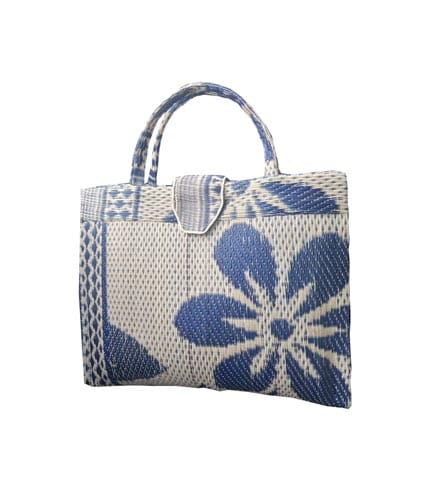 Cream and Blue Handwoven Shopping Handbag