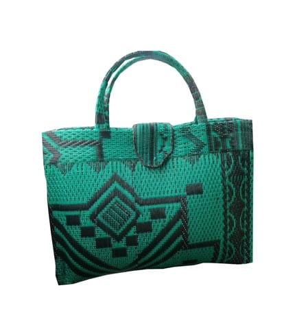 Green Handwoven Plastic Shopping Handbag