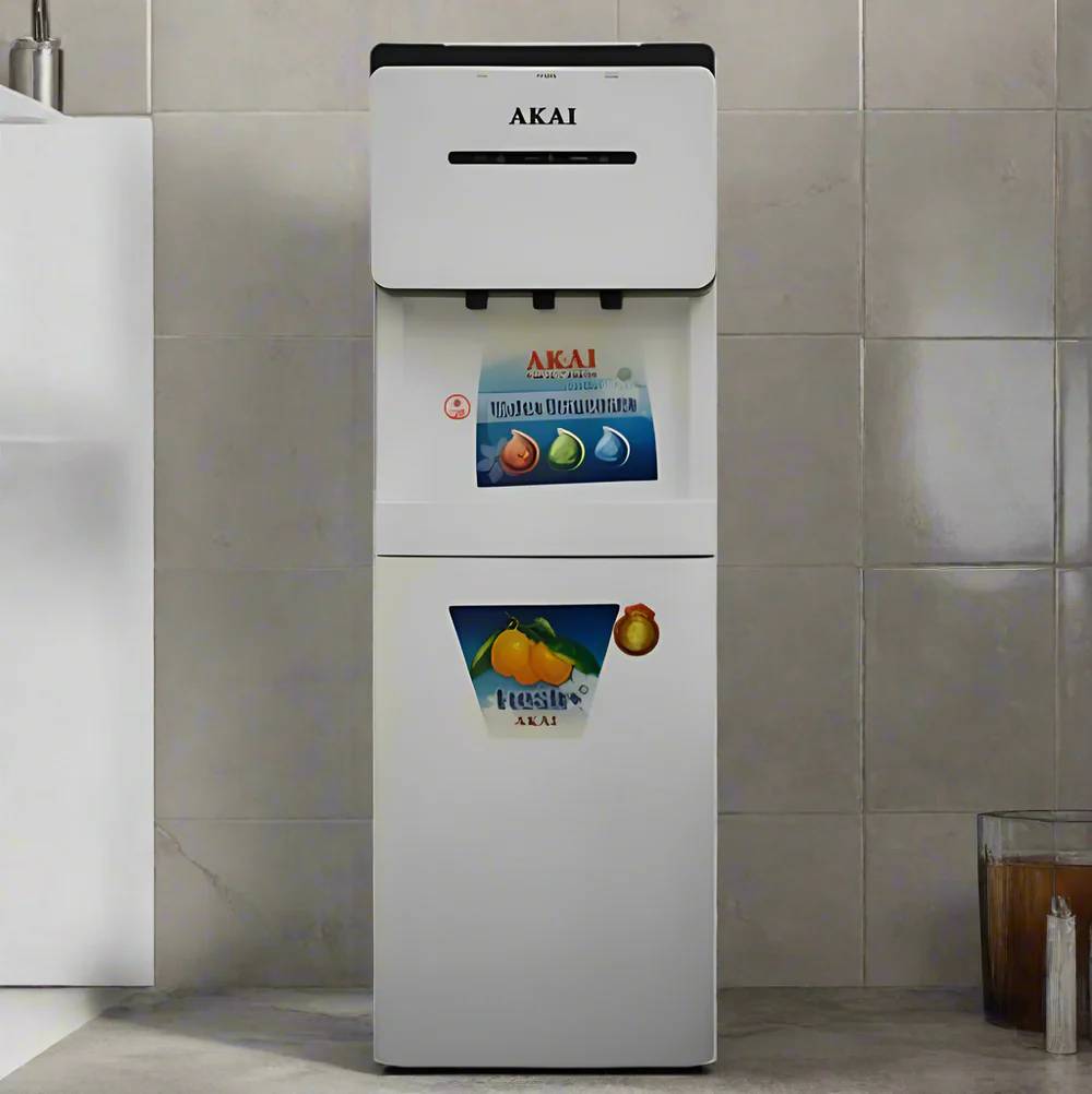 Akai Top Load Water Dispenser with Fridge – WD020A908 | 3-Tap Hot, Cold & Room-Temperature Water | 16L Refrigerator | Stainless Steel Tanks | Overheat Protection