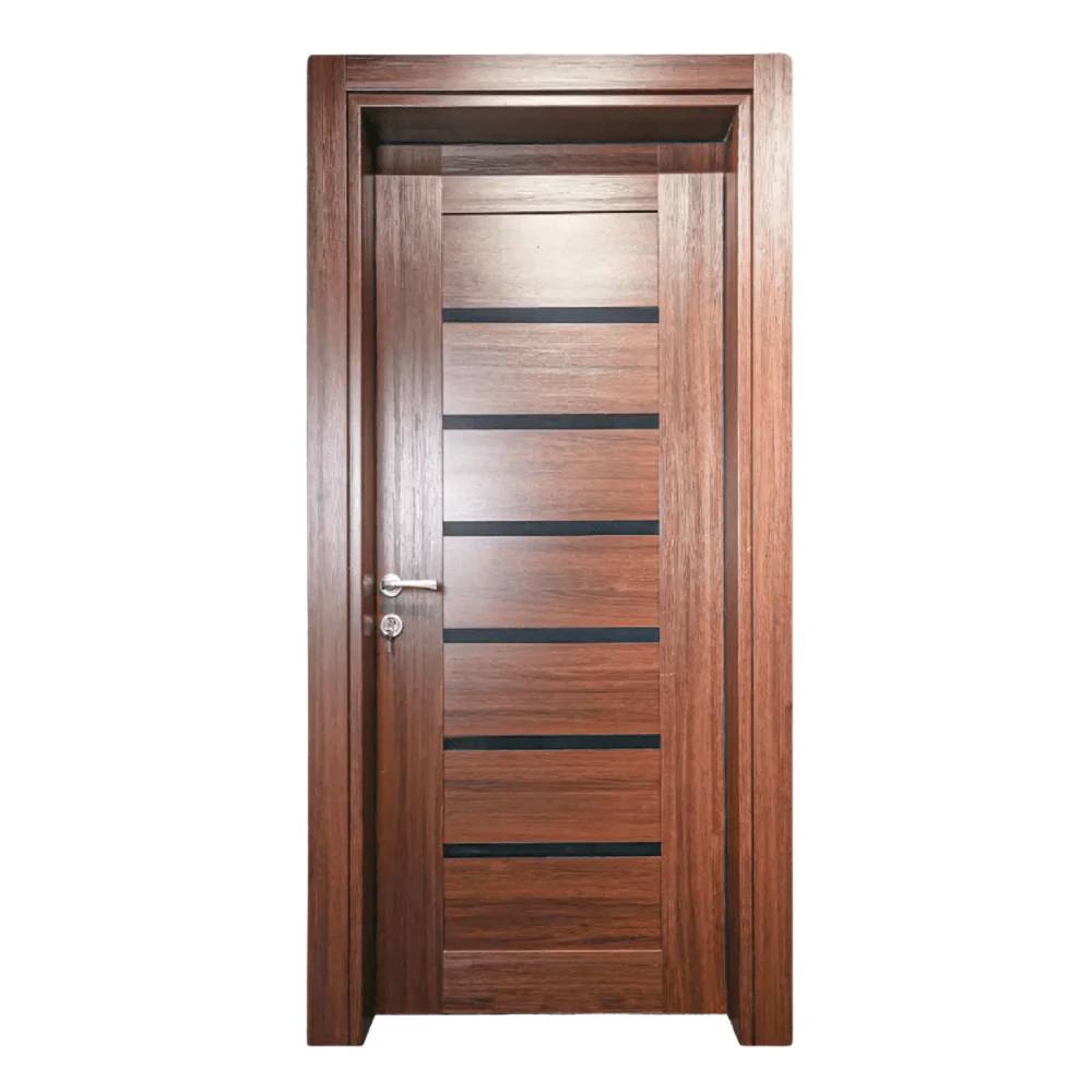 Decordin Interior Dark Brown With Black Strips Door – PVC Coated Melamine, Waterproof Frame, Sleek Black Accents, Custom Sizes, Free Professional Installation
