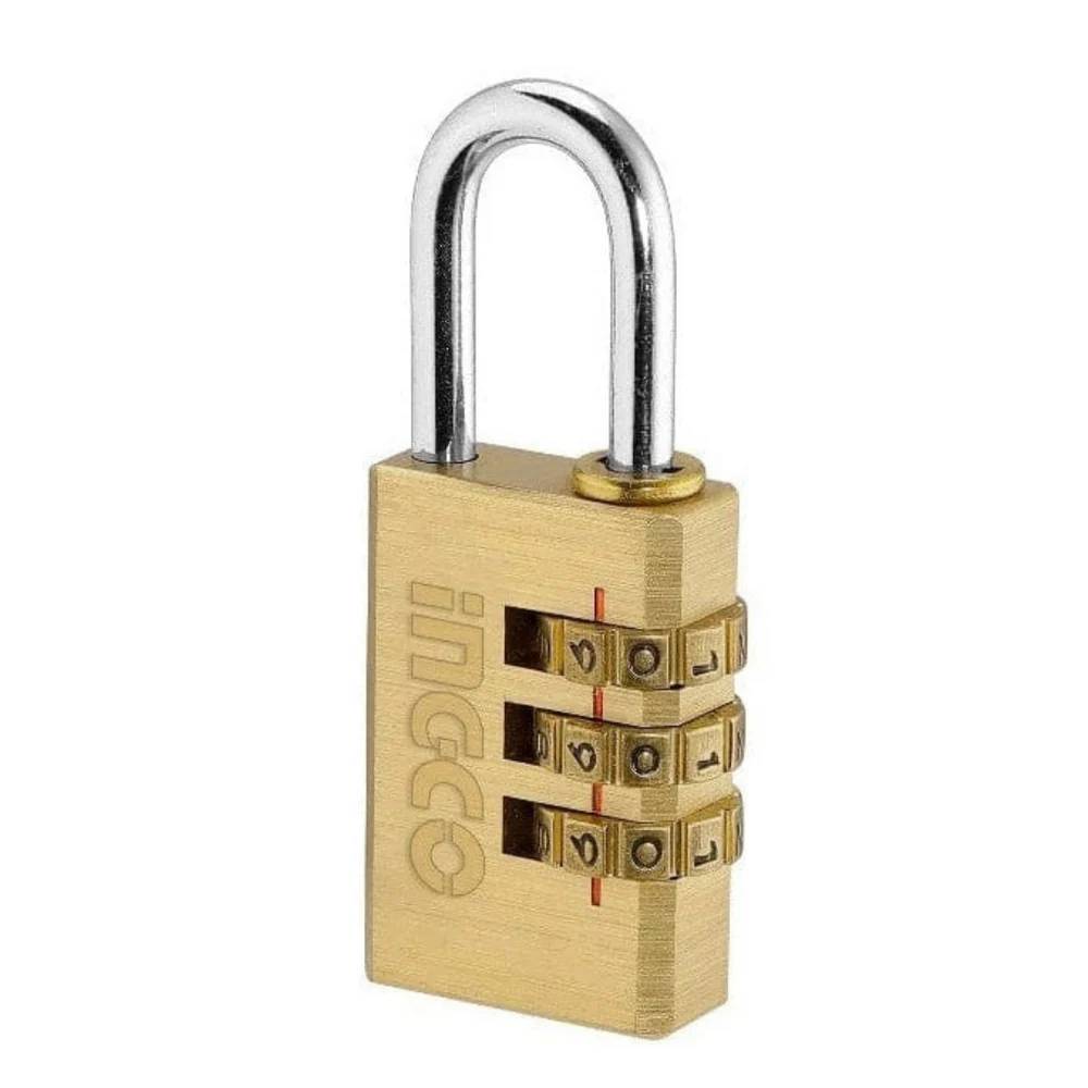 Ingco 3-Digit Brass Combination Padlock – DBCK0303, Resettable Code Lock, Solid Brass Body, Compact Size for Lockers, Bags & Toolboxes