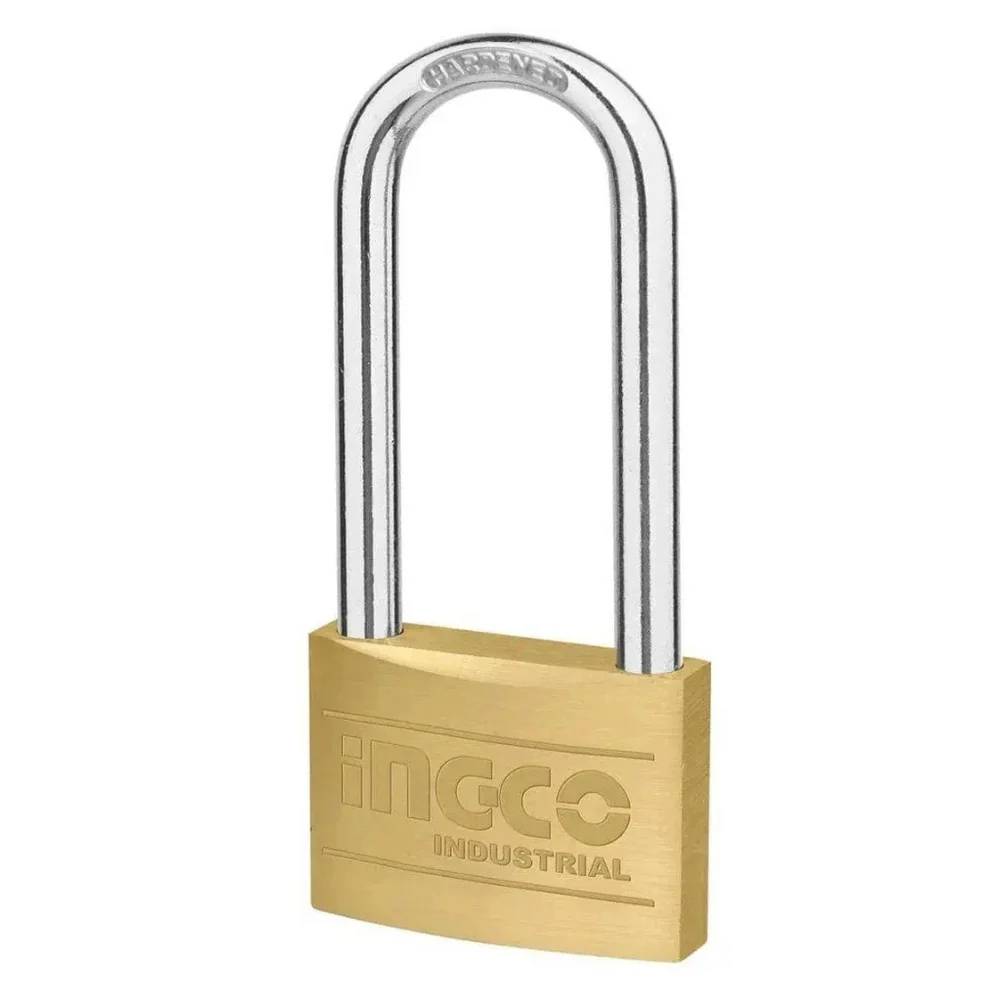 Ingco Heavy Duty Long Shackle Brass Padlock – DBPL0702L, 70mm Solid Brass Body, Weather-Resistant, 3 Brass Keys Included, Ideal for Gates & Outdoor Security