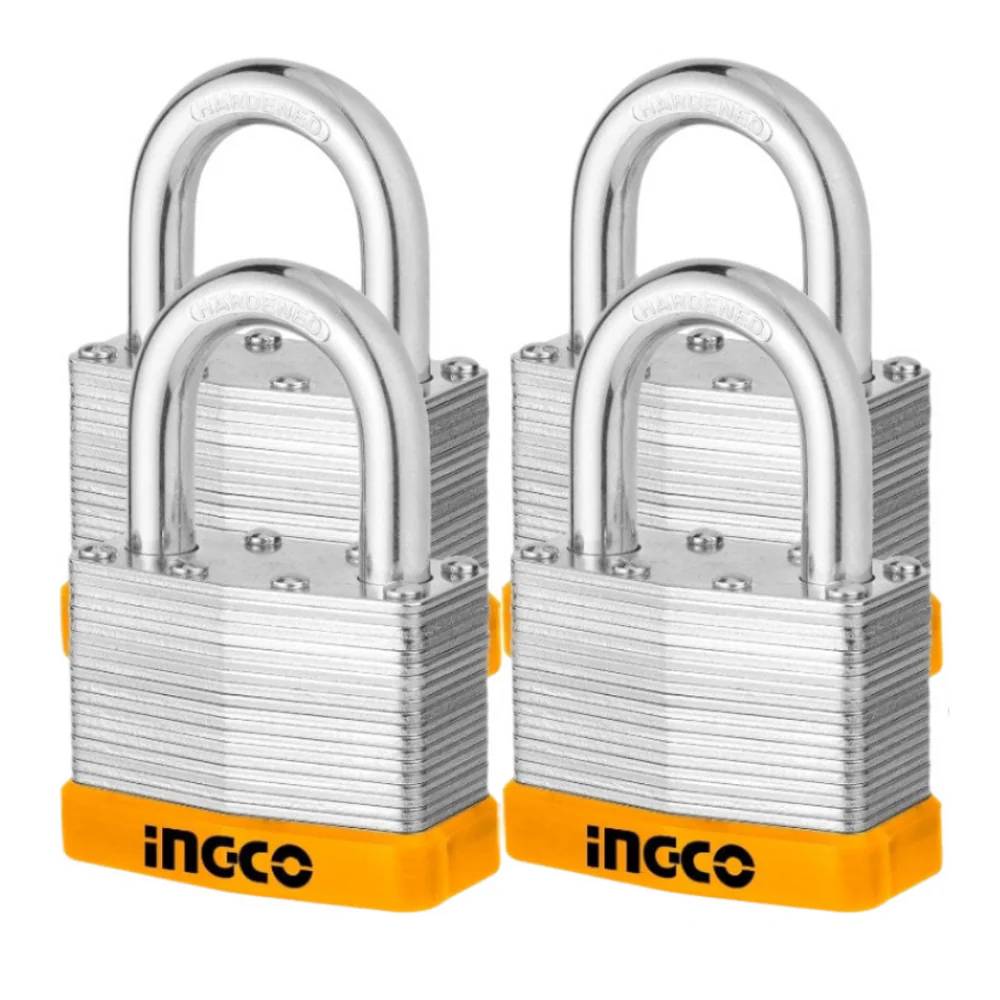 Ingco 4 Pieces 50mm Laminated Padlock – DLPK05004, Heavy-Duty Steel Body, Brass Cylinder, ABS Housing, 4 Keys per Lock, Ideal for Gates & Toolboxes
