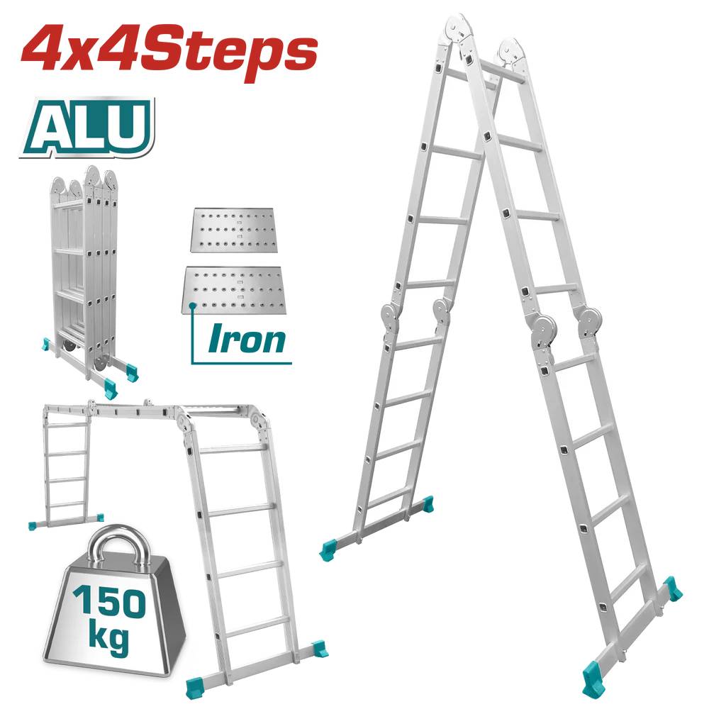 Total Multi-Purpose Aluminum Ladder 4x4 – THLAD04441, 475cm Extended Length, 228cm Ladder Height, 130cm Scaffold Height, Oxidized Finish for Durability & Versatile Use