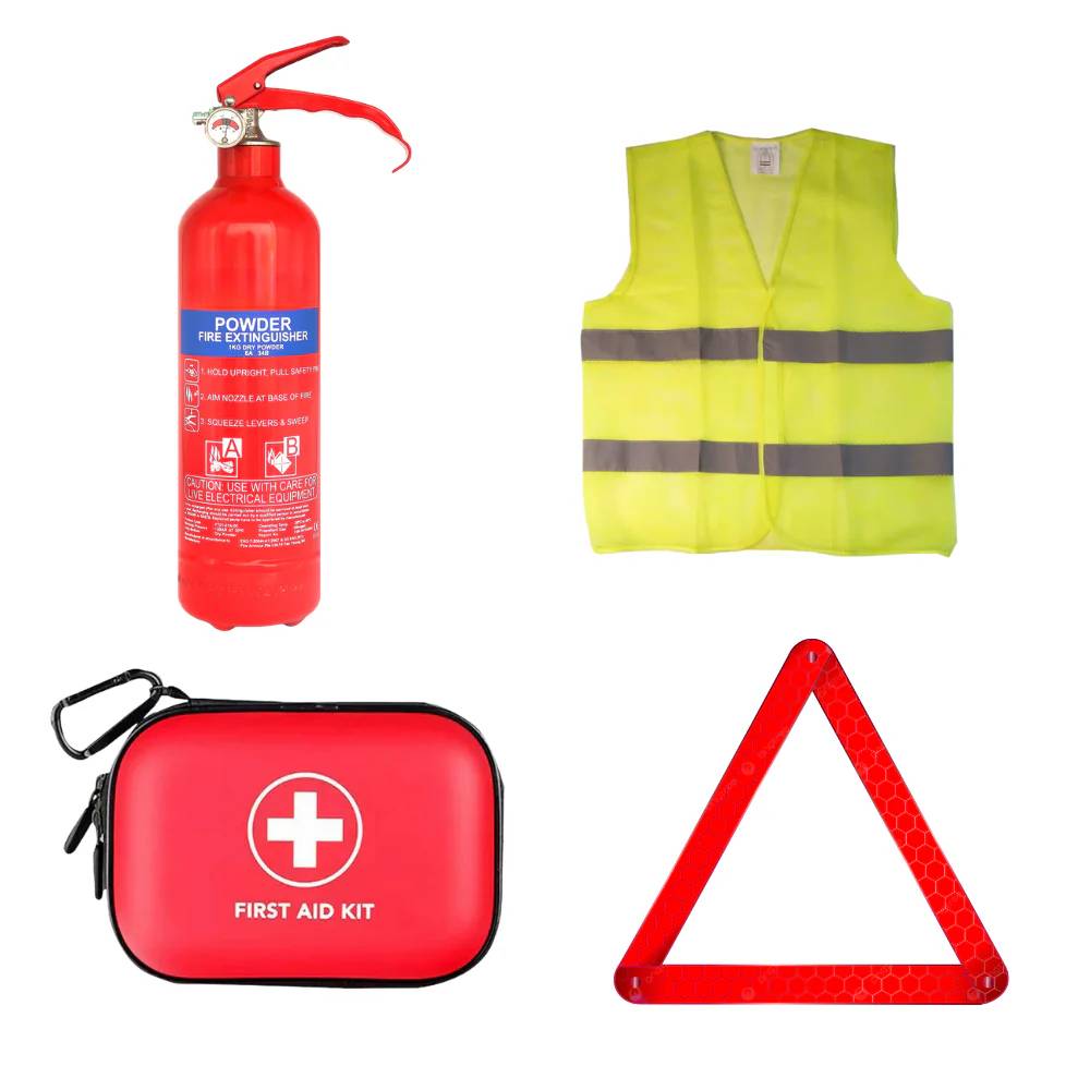 Emergency 4-in-1 Car Safety Kit – Fire Extinguisher, Triangle, Vest & First Aid for Roadside Protection