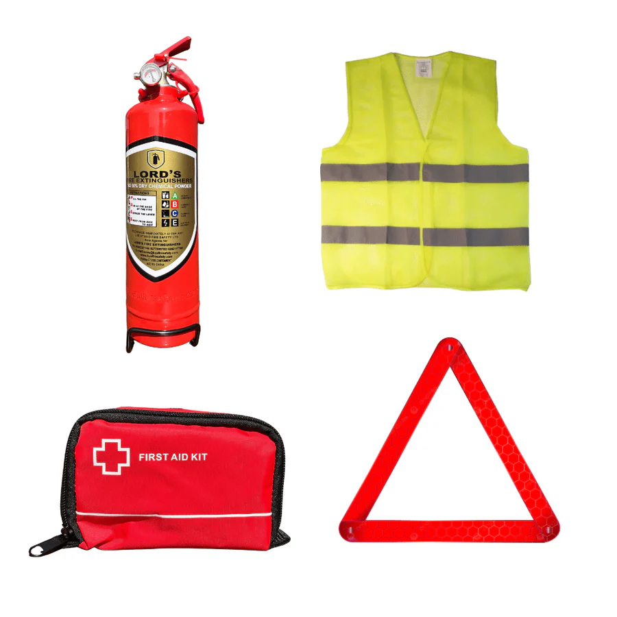 Emergency 4 in 1 Car Safety Kit – Fire Extinguisher, Triangle, Vest & First Aid | Essential Roadside Emergency Pack | Auto Supply Ghana