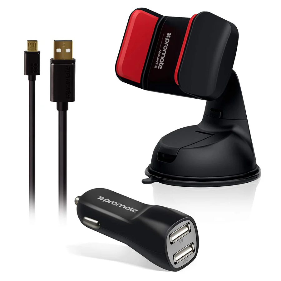 Promate 3-in-1 Car Charger & Mount Kit - Carkit-HM | Dual USB Car Charger & Universal Phone Holder | Auto Supply Ghana