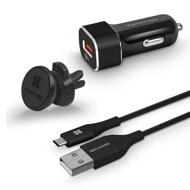 Promate AutoGear-QC3 Car Charger & Mesh USB-C Cable | Quick Charge 3.0 & Durable Design | Auto Supply Ghana