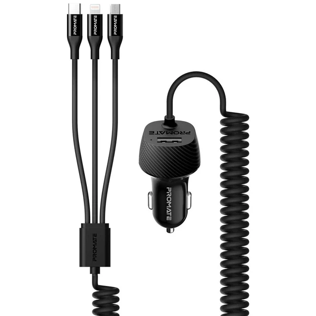 Promate 3.4A Multi-Connect Universal Car Charger with USB Port – VolTrip-Uni | USB-C, Micro-USB & Lightning | Auto Supply Ghana