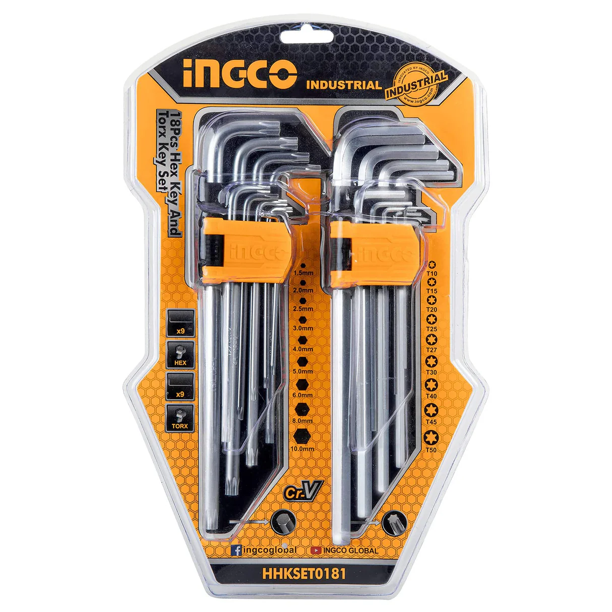 Ingco 18 PCS Hex Key & Torx Key Set – HHKSET0181 | Extra-Long Arm CR-V Steel | Auto Supply Ghana