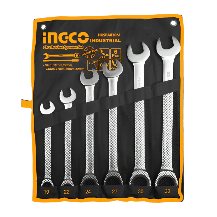 Ingco 6 PCS Ratchet Spanner Set 19–32mm – HKSPAR1061 | CR-V Steel, Fine Polished | Auto Supply Ghana