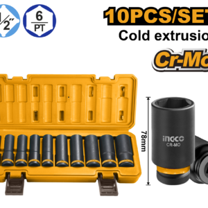 10-Piece 1/2" Drive Deep Impact Socket Set - 10–24mm, Cr-Mo Steel