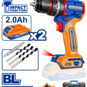 Balanced 20V Brushless Cordless Impact Drill 62Nm with LED and Masonry Bits