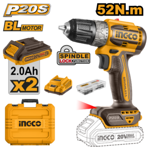 20V Brushless Drill 52Nm with 47-Piece Accessory Kit - 2x 2.0Ah Batteries