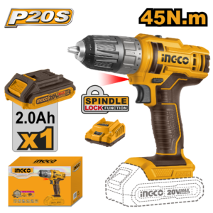 Professional 20V Lithium-Ion Cordless Drill with 45Nm Torque + Battery in Color Box – P1C5