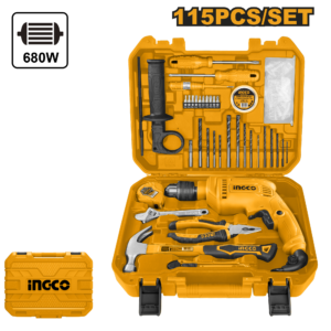 115-Piece Tool Kit with 680W Impact Drill - Hammer, Pliers, Bits