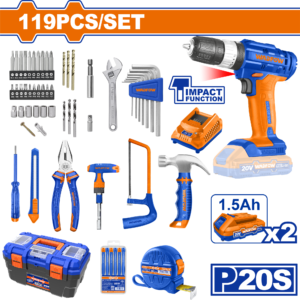 119-Piece Cordless Tool Set - 20V Impact Drill, 35Nm Torque, 2x Batteries