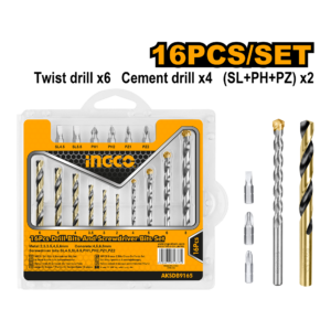 16-Piece Drill & Screwdriver Bit Set - HSS Twist, Masonry, 25mm Bits