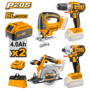 20V Cordless 4-Piece Combo Kit – Drill, Impact Driver, Jigsaw, Circular Saw