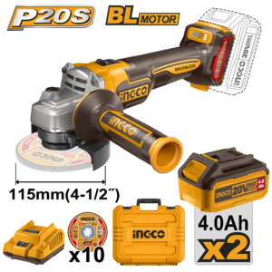 20V Brushless Motor Cordless Angle Grinder 4.5” with 2 Batteries – P1C4