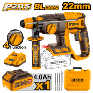 Complete 20V Brushless Lithium-Ion Rotary Hammer Set with 20mm Drill Bit and Large Battery