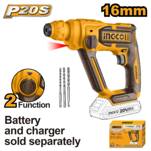 20V Cordless SDS-Plus Rotary Hammer Bare Tool - 1.5J, 16mm Concrete, 3 Bits