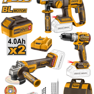 20V Brushless Cordless 3-Piece Combo Kit - Impact Drill 60Nm + Rotary Hammer 2.0J + Grinder, Dual 4.0Ah