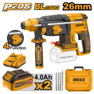 20V Brushless 26mm Rotary Hammer Kit C4 - 2.5J, Dual 4.0Ah Batteries, Accessories