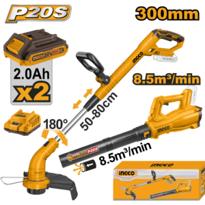 20V Cordless Grass Trimmer + Blower Combo - 300mm Cut, 8.5m³/min, Dual 2.0Ah Batteries