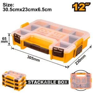 12" Stackable Plastic Parts Organizer Box - 305x230x65mm, PP, Removable Dividers