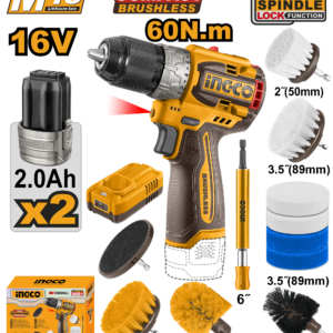 16V Brushless Cordless Drill Driver Kit 60Nm P1C4 - Dual 2.0Ah Batteries, 11-Pc Cleaning Brush Set