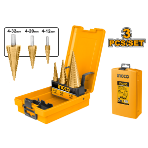 3-Piece Precision HSS Step Drill Bit Set C20 - 4-12/4-20/4-32mm, 1-2mm Steps, Plastic Case