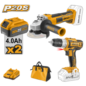 20V Cordless Drill & Angle Grinder Combo Set C4 - 45Nm Drill + 8500 RPM Grinder, Dual 4.0Ah Batteries